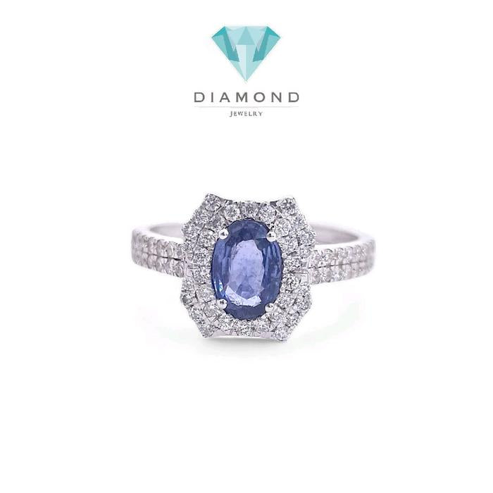 Cincin Blue Sapphire Oval Berlian 18K-Diamond Jewelry-395BC3223SD-HT