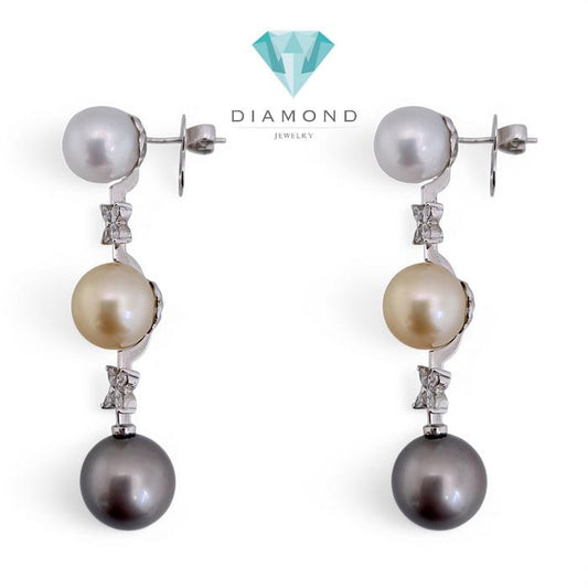 Long Drop Triple Color Pearl Diamond Earrings 18K / Diamond Jewelry